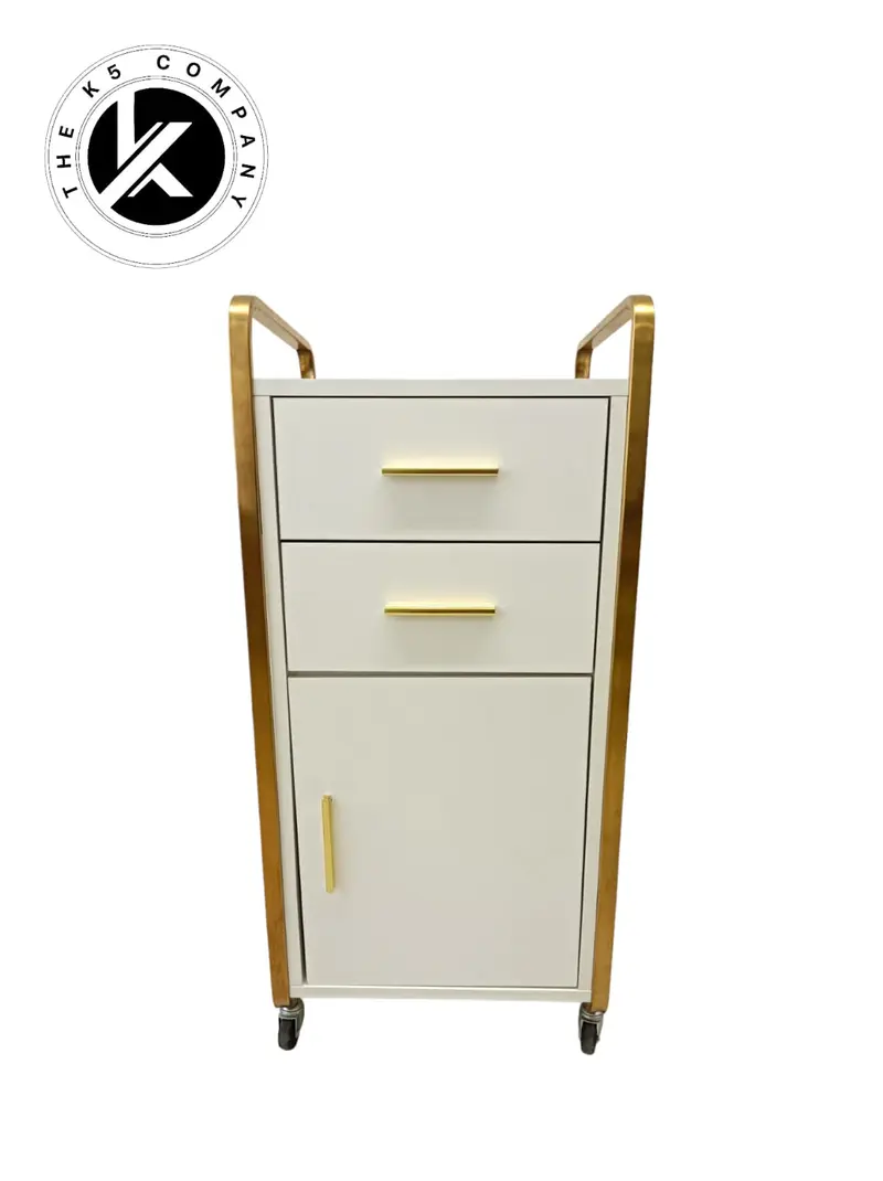 Carrito auxiliar blanco y dorado de madera con cajones