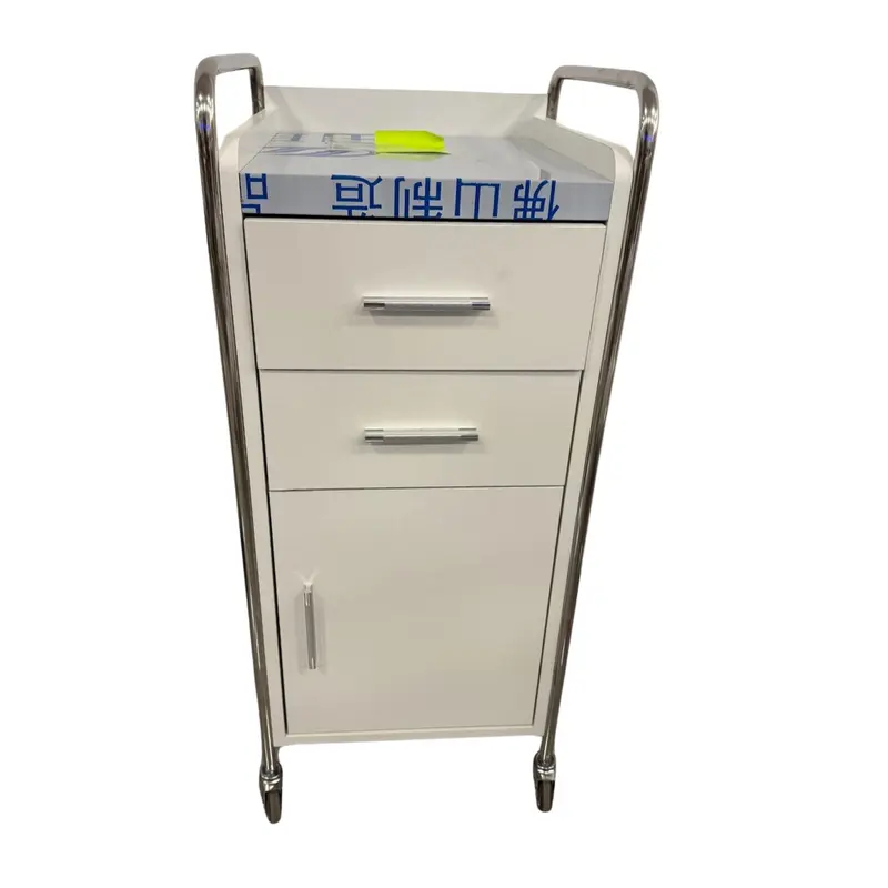 Carrito de Servicio Blanco para Barbería/Salón con Marco Cromado y 2 Cajones - 87×37×36 cm