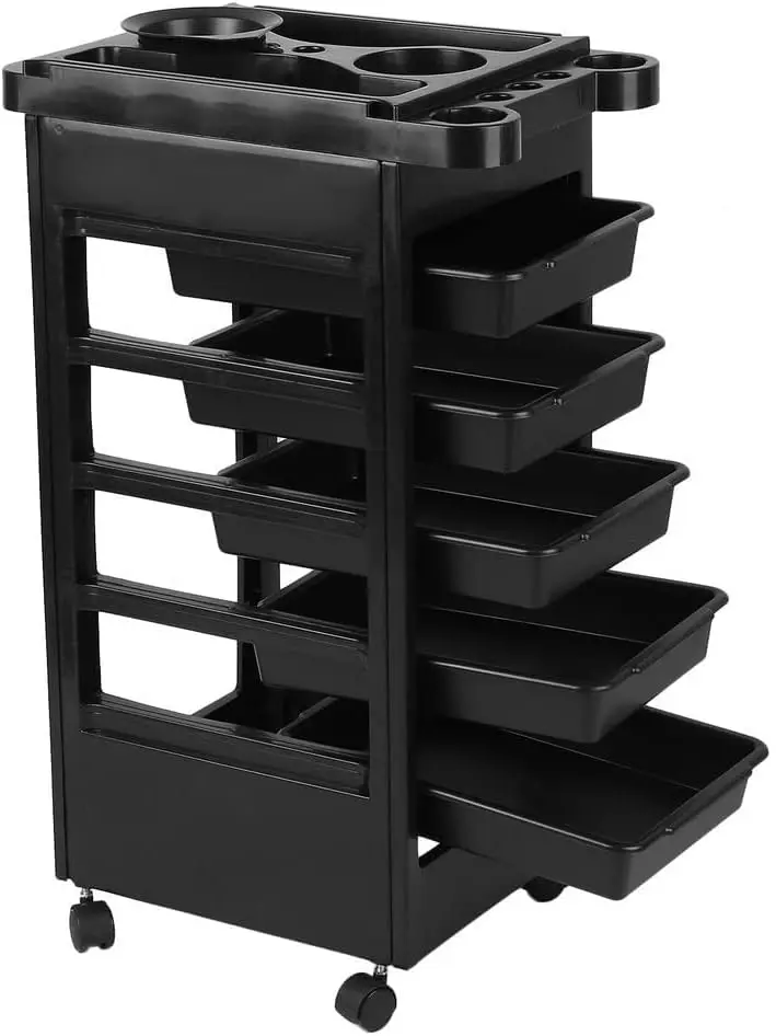 Crisnails® Carros de Mantenimiento con Ruedas Profesional para Peluquería, Barbería, Perfumería, Cosméticos, Salón, Tienda de Tatuaje, Manicura y Pedicura, Plástico (NEGRO)