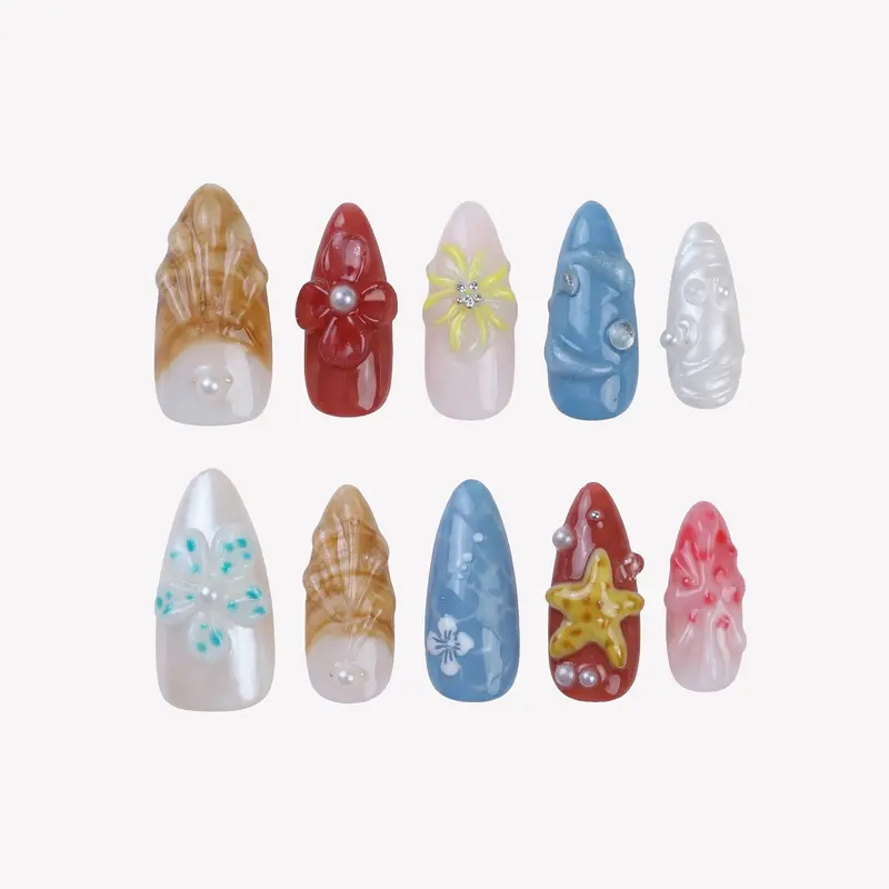 FASNAILS F28 Uñas Postizas Press On Artesanales Almendradas Largas con Estrella de Mar 3D Conchas y Flores en Relieve Diseño Colorido Estilo Mermaidcore Playa Gel Kit Tabs adhesivos para uñas