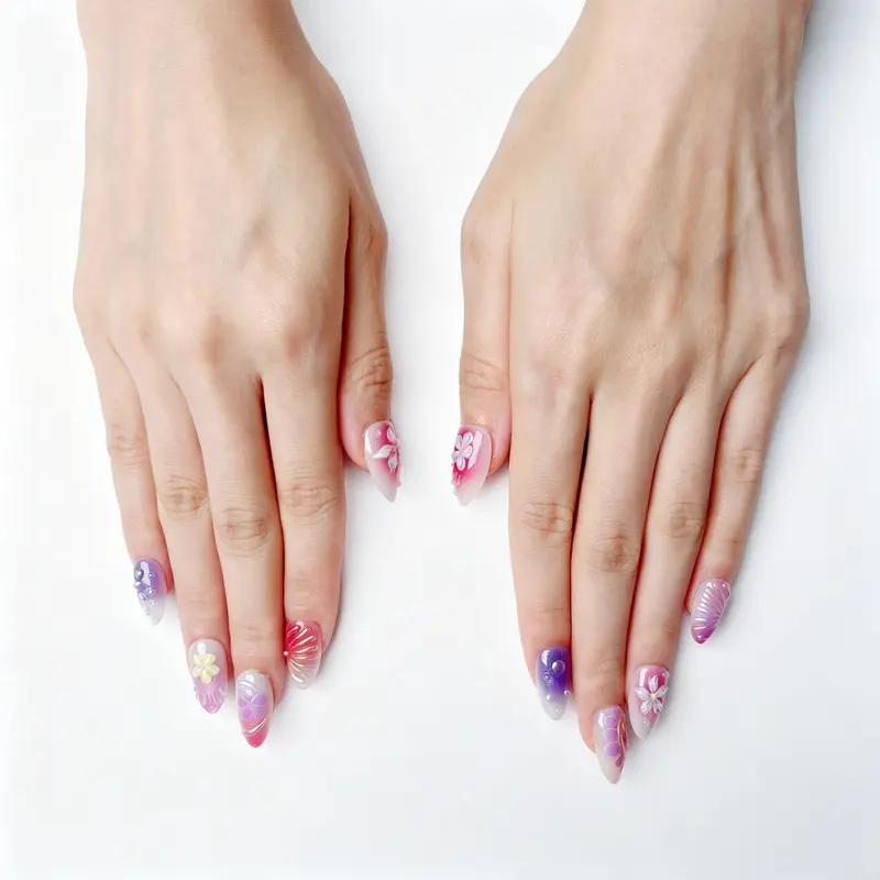 FASNAILS J13 Uñas Postizas Reutilizables de ABS Premium en Degradado de Ensueño con Detalles Florales 3D Exclusivos, Manicura de Salón Instantánea, 24 Piezas en 3 Tallas para un Ajuste Perfecto