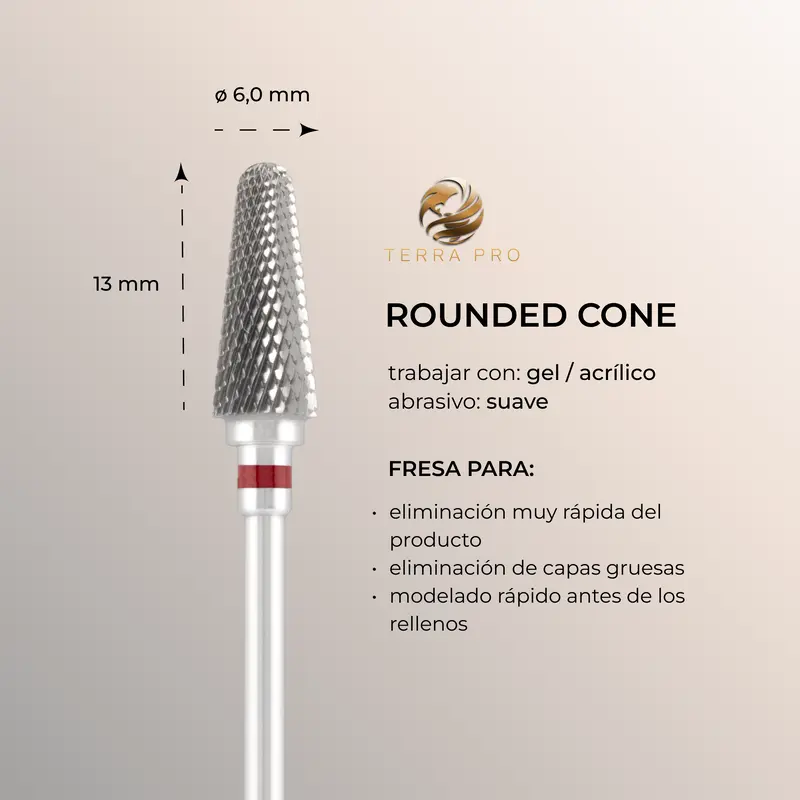 Fresa de carburo TERRA PRO "ROUNDED CONE", rojo, L-13,0 mm, Ø6,0 mm