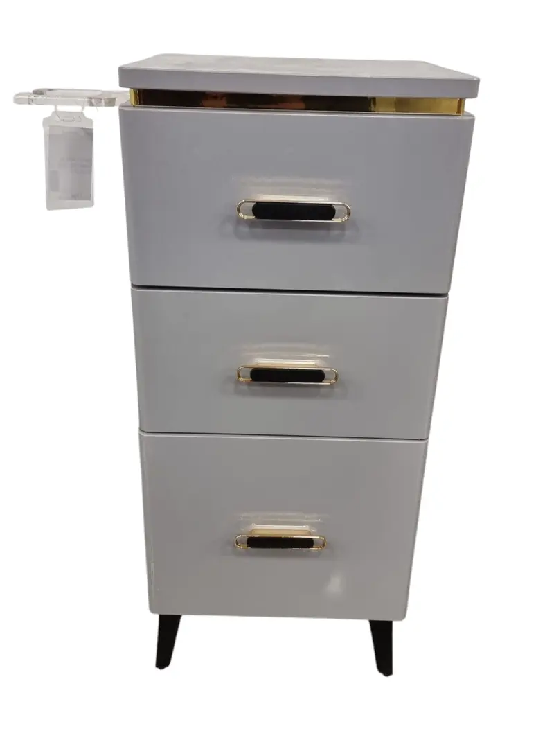 Gabinete de Salón Gris de 3 Cajones de Lujo – Elegante Organizador de Belleza