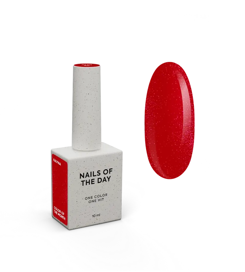 NAILSOFTHEDAY Color del Mes – Agosto 2025 Kalyna – rojo intenso de viburno con destellos rosas finos. Cubre perfectamente en una sola capa. 10 ml.