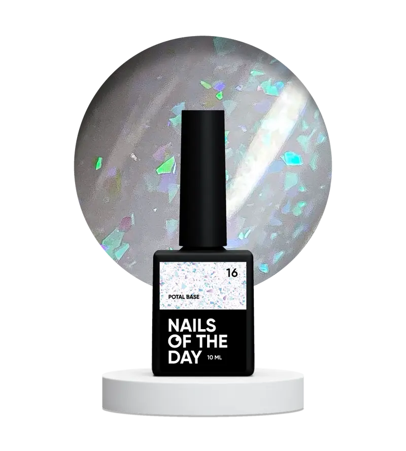 NAILSOFTHEDAY Potal base 16 – base lechosa suave con decoracion holográfica y elegante, 10 ml