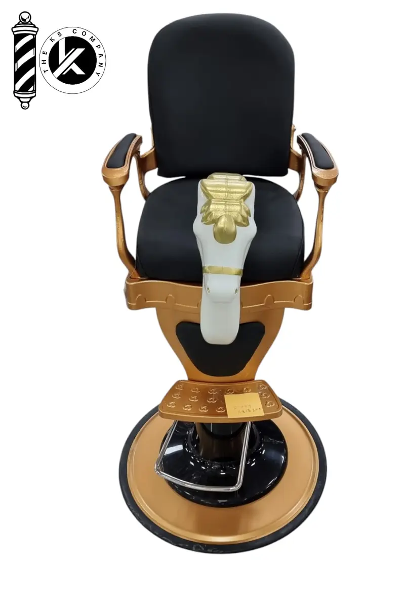 Silla de Barbero Infantil de Lujo en Oro y Negro – Diseño con Tema de Caballo