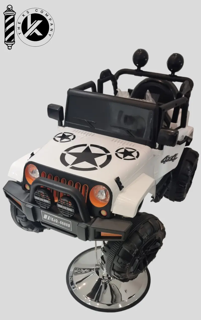 Silla de Barbero Infantil Inspirada en Jeep – Elegante y Divertida Blanca y Negra