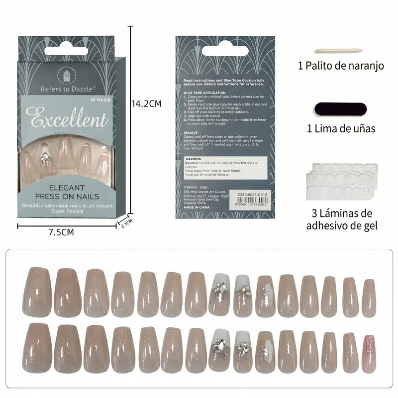 Uñas Press-On Artesanales Brillo Gélido | Elegante Diseño Ballerina Nude | Set de 24 Piezas con Gelatina Premium | Reutilizables de ABS de Lujo