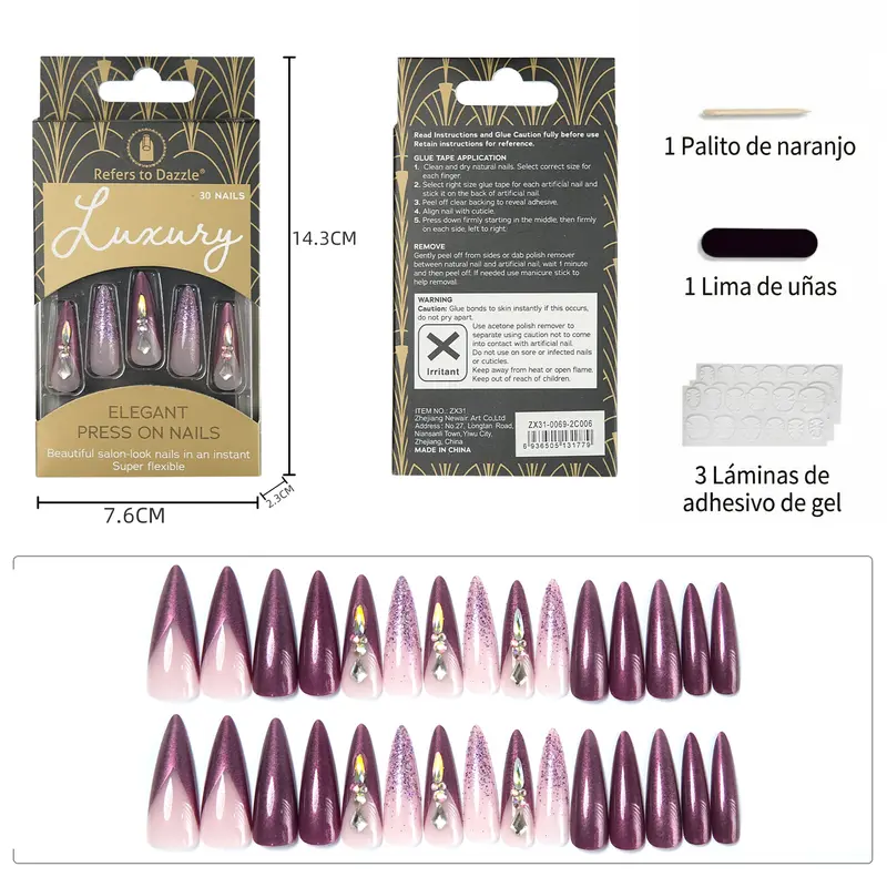 Uñas Press-On Artesanales de Lujo Galaxia Púrpura | Diseño Stiletto con Cristales 3D y Brillo | Set de 30 Piezas con 3 Planillas de Gelatina | Reutilizables de ABS