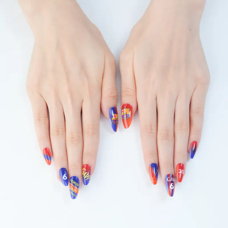 Uñas Press On artesanales del Mundial | Set de 24 piezas Reutilizables | Estilo Selección Española- Barcelona | Producto para Fans del Fútbol | La calidad es regular, solo se regala, no se vende.