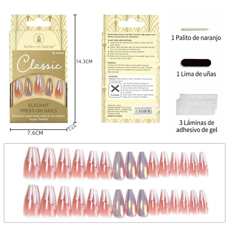 Uñas Press-On Artesanales Francesas Aurora | Diseño Ombré Blanco y Cristales | Set de 30 Piezas con 3 Planillas de Gelatina | Reutilizables de ABS Holográficas