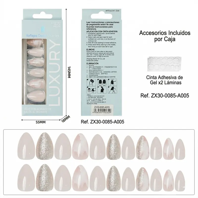 Uñas Press-On Artesanales Nude Jaspeado y Brillo | Elegante Forma Almendrada | Set de 24 Piezas con 2 Planillas de Gelatina | Reutilizables de Lujo